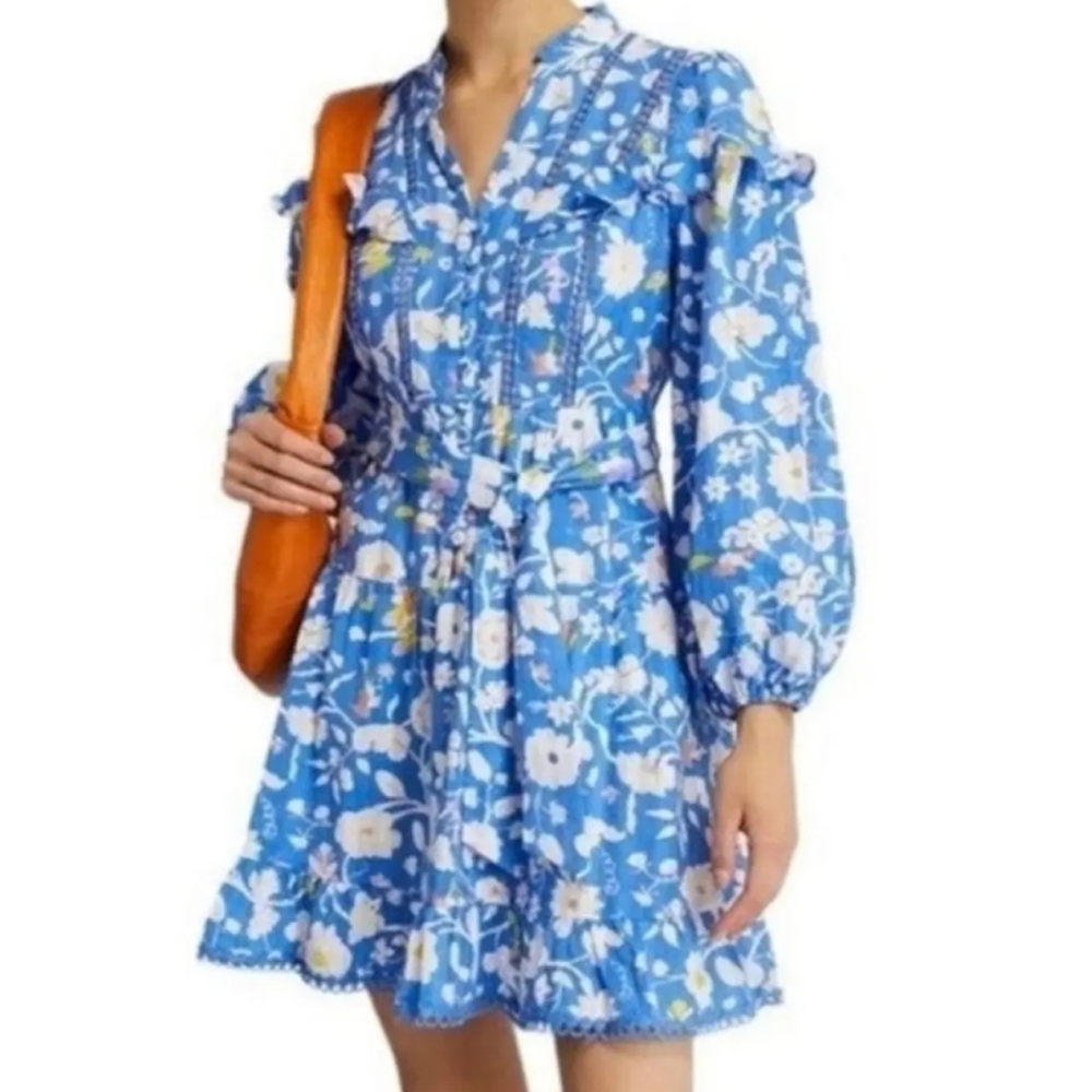 DVF Blue Floral Print Cotton Mini Dress Sz 8 Ruffle